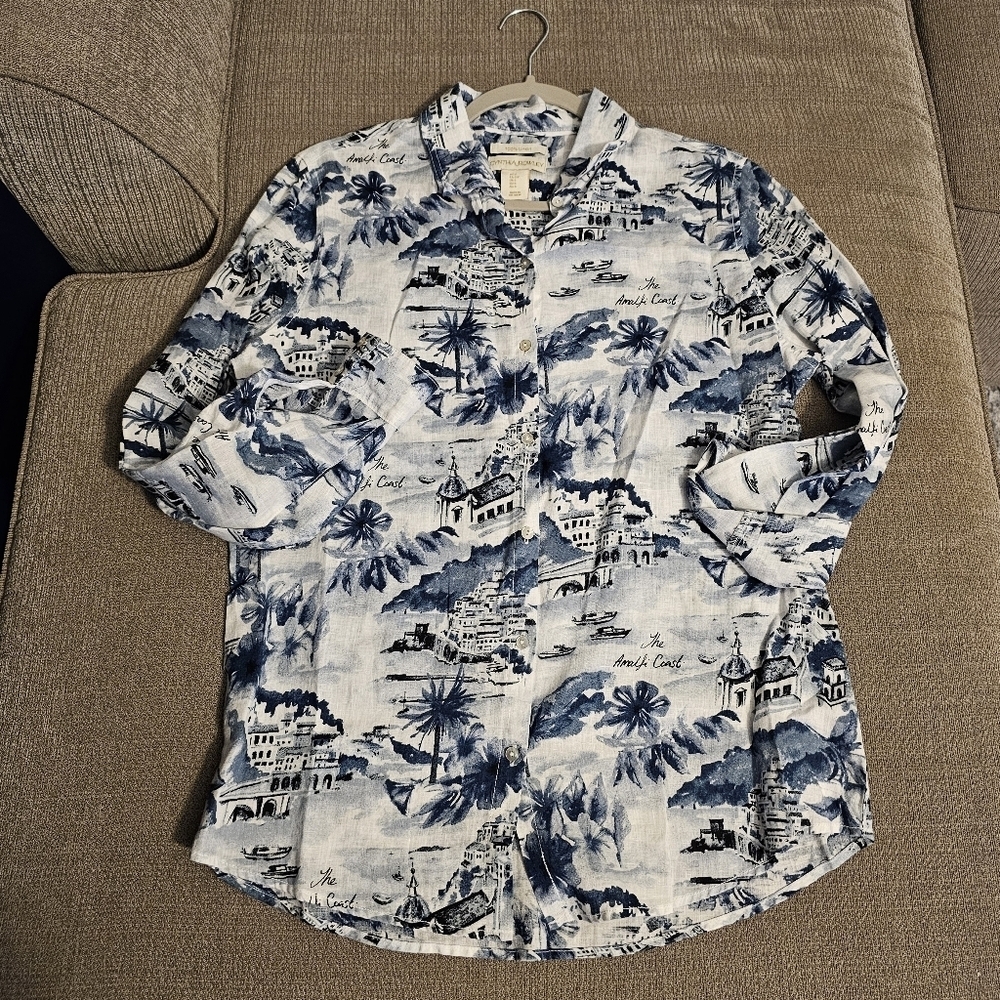 Cynthia Rowley Coastal Linen Blue White Natural Buttom Casual Top Small